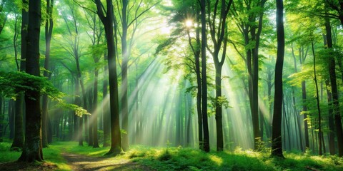 Fototapeta premium Sunbeams Illuminate a Mystical Path Through a Lush, Verdant Forest, Casting an Enchanting Glow on the Tranquil Scene