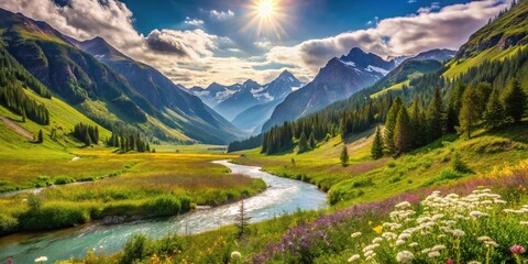 Obraz premium Serene Mountain Valley River Landscape with Blooming Wildflowers Under a Bright Sun