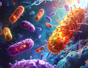 Microscopic view of various bacteria cells in a colorful, vibrant environment