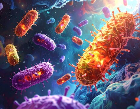 Microscopic view of various bacteria cells in a colorful, vibrant environment