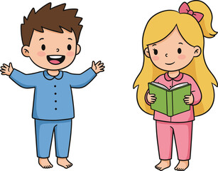Cartoon children in pajamas reading and smiling, cheerful bedtime and morning routine scene for kids’ education, lifestyle, and wellness themes