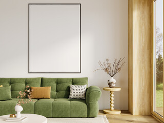 Scandinavian Minimal Living Room with Wall Frame, Wooden Decor and Green Sofa in Daylight