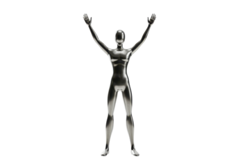 Isolated Human Figure Reaching Upward A Metallic Man Standing Upright With Arms Raised