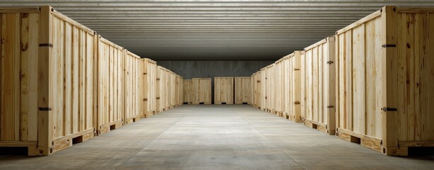 Storage Unit Perspective: A symmetrical composition captures the essence of efficient storage, offering a visual journey down a long corridor lined with wooden units.