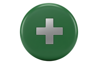 Isolated green circle button with silver plus sign for add or positive medical help design
