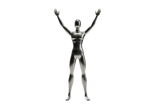 Isolated Human Figure Reaching Upward A Metallic Man Standing Upright With Arms Raised