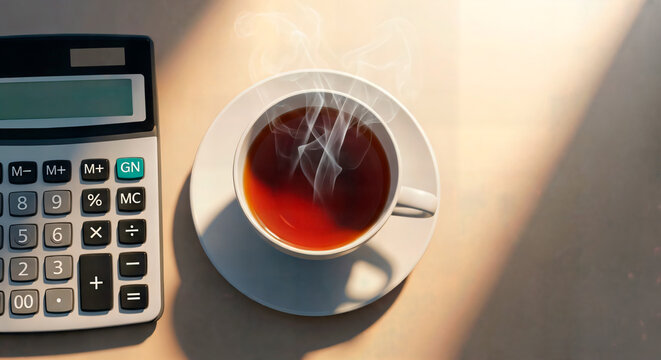 Top view of a cup of hot tea with steam and a calculator placed on a table with sunlight - a break from work or budget planning