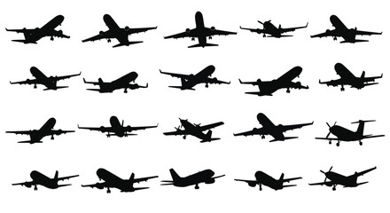 Vector art of collection of airplane silhouettes, showcasing diverse aircraft models in various flight positions, perfect for aviationthemed designs