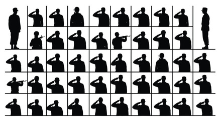 Vector art of collection of soldier silhouettes, depicting various saluting poses, ideal for militarythemed designs and patriotic representations