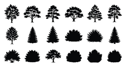 Vector art of collection of various tree and bush silhouettes, showcasing diverse shapes and sizes for landscape design and naturethemed projects