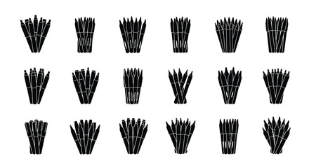 Vector art of monochrome illustration of bamboo stalk silhouettes, presenting a variety of arrangements for oriental and natural design concepts