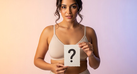 Woman in Bra Holding Question Mark Card - Breast Cancer Awareness.