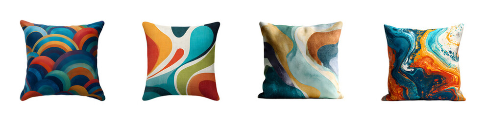 Collection of four decorative pillows with colorful abstract patterns.