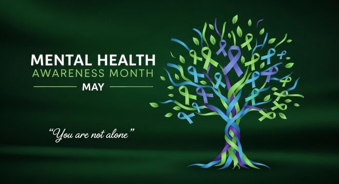 Mental Health Awareness Month in May with Supportive Ribbon Tree