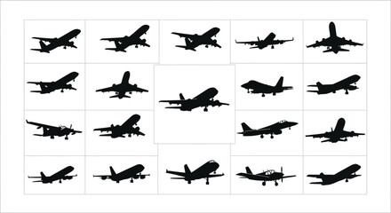 Vector art of silhouette collection of airplanes in various poses set of black airplane silhouettes in different positions, flying, landing, and taking off