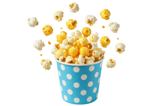 Isolated Popcorn in Blue Polka-Dot Cup, Aerial Display of Snack, Crunchy and Delicious