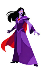 Female sorceress character stands dramatically against a dark background