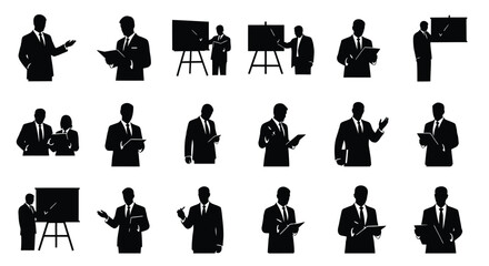 Vector art of silhouette collection of business people set of various actions for presentation, meeting, and communication work and career concept