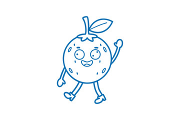 Cheerful orange fruit character with outlines waving and walking is presented here
