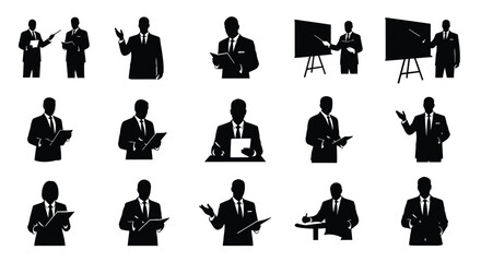 Vector art of set of business people silhouettes, showcasing diverse poses and actions, perfect for illustrating corporate concepts and presentations effectively
