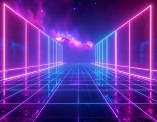 Neon-lit futuristic corridor with a cosmic nebula backdrop