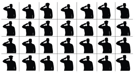 Vector art of set of saluting man silhouettes, showcasing respect, military gesture, and honor, suitable for patriotic and formal contexts effectively