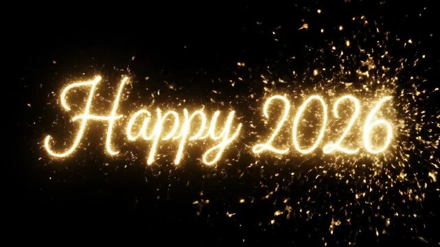 'Happy 2026' text in golden sparkling glitter reveals itself dynamically on a black background