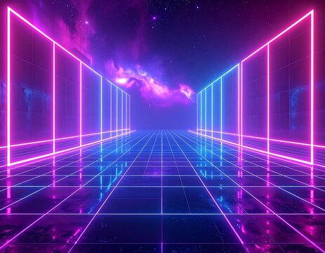 Neon-lit futuristic corridor with a cosmic nebula backdrop