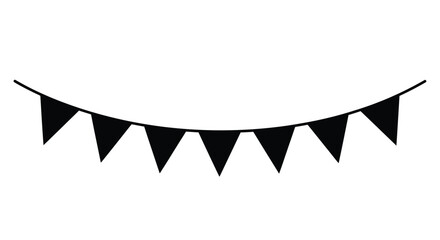 A simple black and white illustration of festive party bunting flags