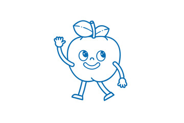 Blue outlined cartoon apple character cheerfully waves with a smile, ready for friendly interaction