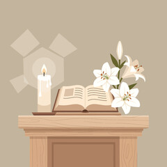 Elegant memorial scene with open book, candle and lilies evokes peace and remembrance, perfect for sympathy cards, funeral programs, or reflections on life's journey
