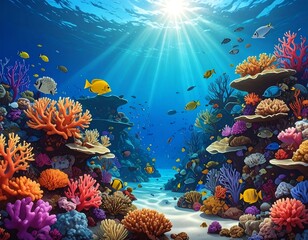 Vibrant underwater scene with coral reefs and sunlight beams