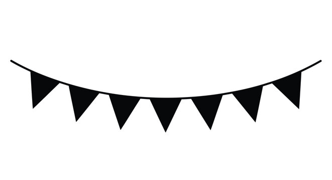 A simple black and white illustration of festive party bunting flags