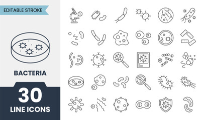 Bacteria line icons set with editable stroke. Containing bacteria, petri dish, microbe, microscope, virus and more. Vector illustration