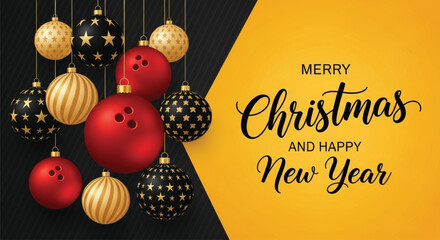 A festive illustration featuring Christmas ornaments with a bowling ball design, set against a vibrant yellow and black background, perfect for holiday celebrations.