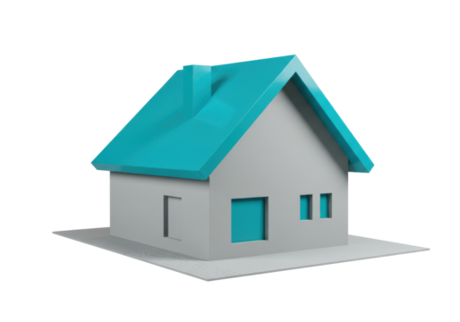 Isolated residential house model with turquoise roof and gray walls, cute and modern design