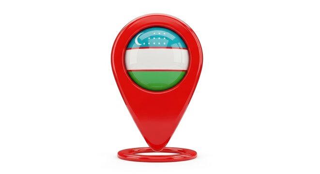Glossy Red Map Pin with Uzbekistan Flag Emblem on White Background