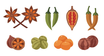 Colorful assortment of spices including star anise chili peppers and citrus