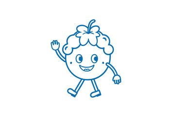 Cheerful blue outline of a cute fruit character walks and waves hello enthusiastically