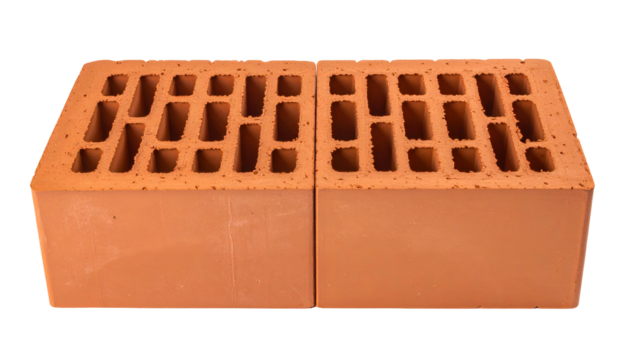 Two adjacent, red-orange, rectangular bricks with rectangular perforations across the top