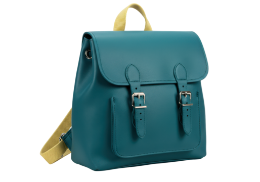 Isolated satchel-style backpack in teal blue with gold straps for school children students