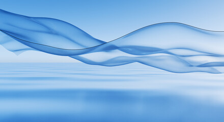 Obraz premium Serene, Translucent Cyan Waveform Suspended Over a Reflective Light Blue Surface, Ideal as a Minimalist and Modern Graphic Element for Digital Promotions.