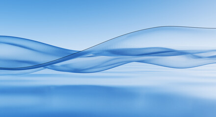 Serene, Translucent Cyan Waveform Suspended Over a Reflective Light Blue Surface, Ideal as a Minimalist and Modern Graphic Element for Digital Promotions.