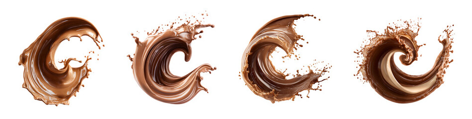 Set of four dynamic liquid chocolate splashes and swirls.