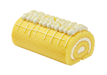 Isolated delicious swiss roll cake dessert with cream topping and yellow sponge cake