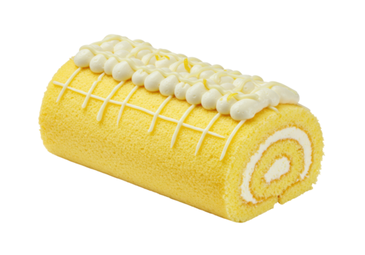 Isolated delicious swiss roll cake dessert with cream topping and yellow sponge cake