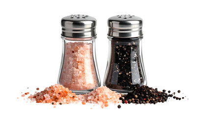 Two glass shakers with metal tops, one filled with pink crystals, other with black peppercorns