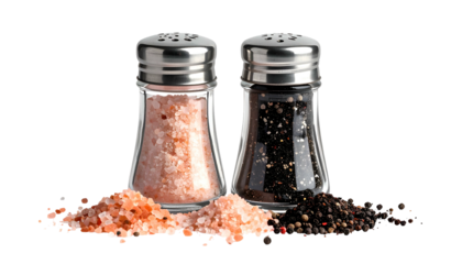 Two glass shakers with metal tops, one filled with pink crystals, other with black peppercorns