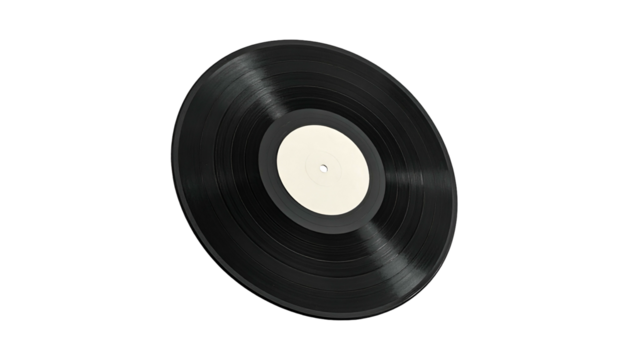 Sleek black vinyl record angled, with a blank white label