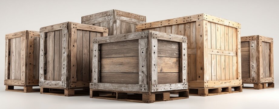 Wooden Crates: A cluster of weathered, wooden crates and boxes, a testament to time and the elements, suggesting storage and transport. - Powered by Adobe